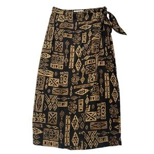 Vintage Jones New York Skirt 100% Silk Tribal Wrap 90s Midi Black Gold Size 12